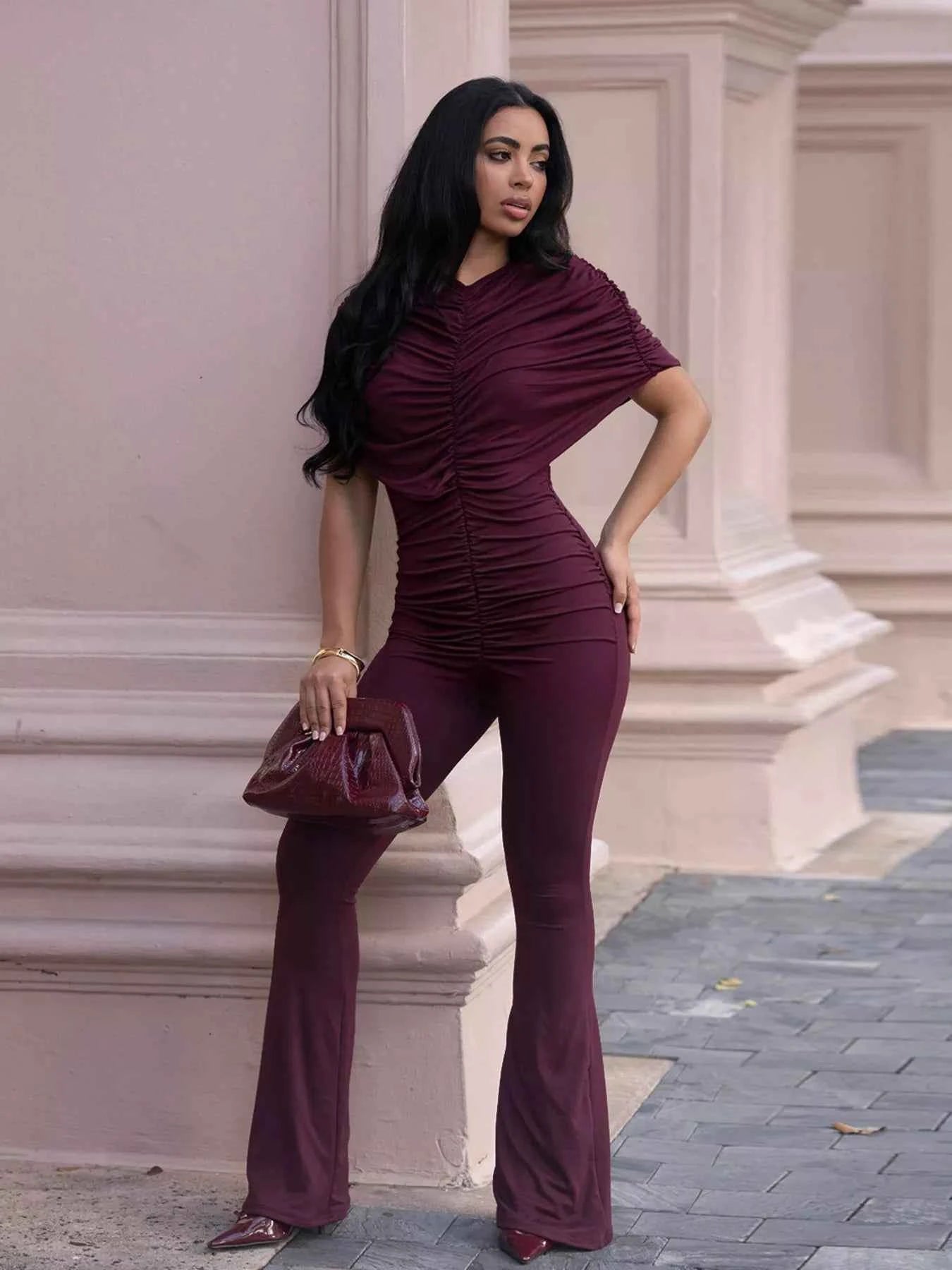 Ruched Flare Leg Jumpsuit