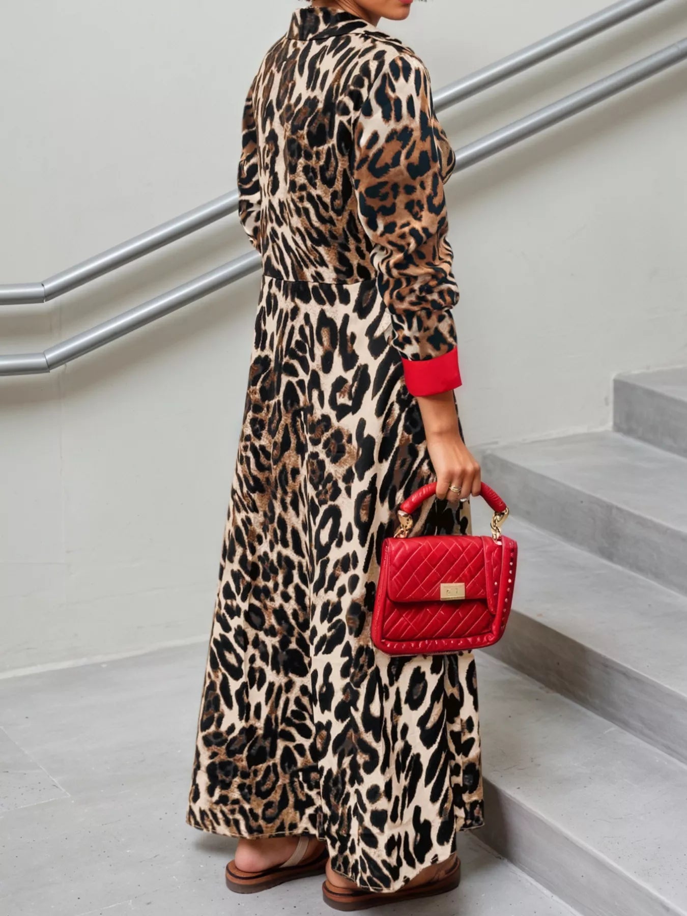 Leopard Print Long Sleeve Shirt Dress with Contrast Trim - Girly Tea