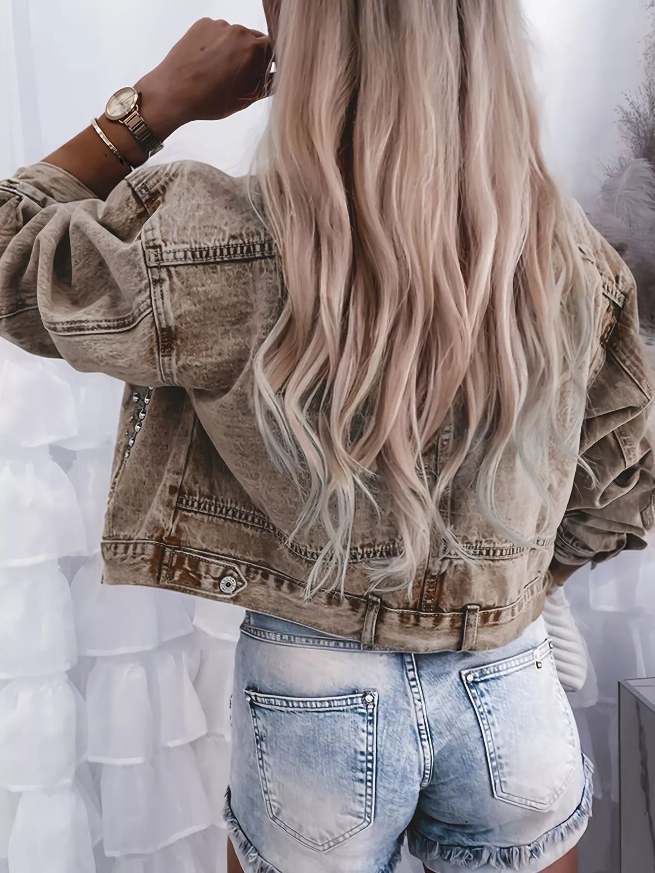 Studded Button Up Wash Denim Jacket - Girly Tea