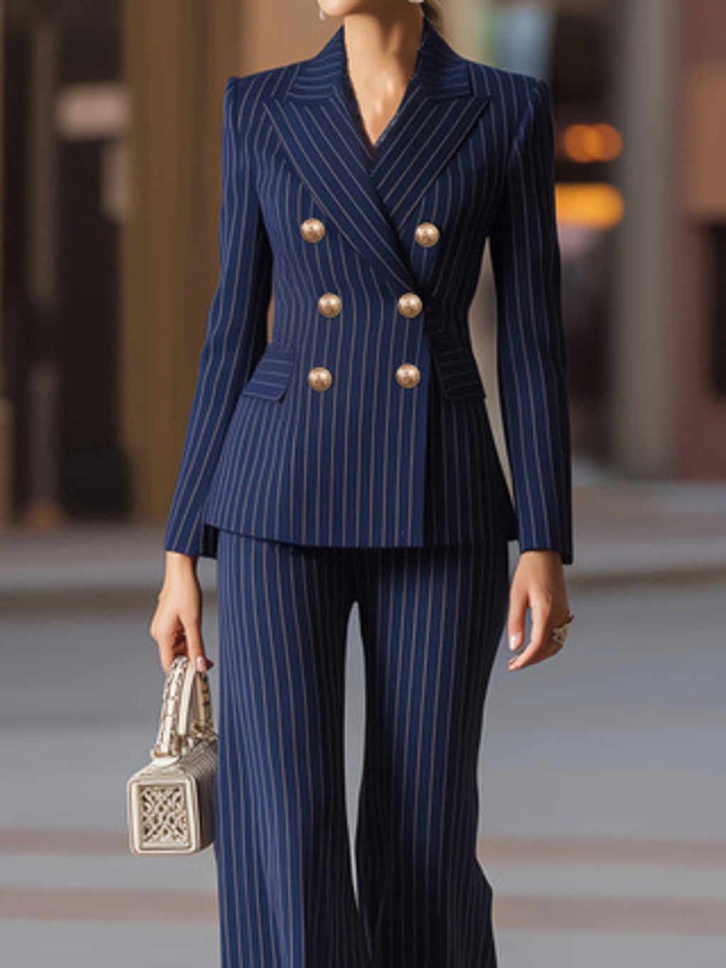 Striped Double-Breasted Blazer & Wide Leg Pants Set - Girly Tea