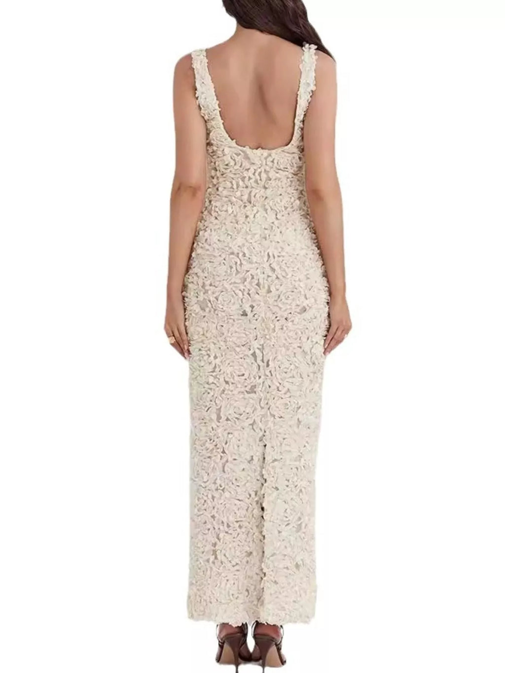 Floral Applique Deep V-Neck Maxi Dress - Girly Tea
