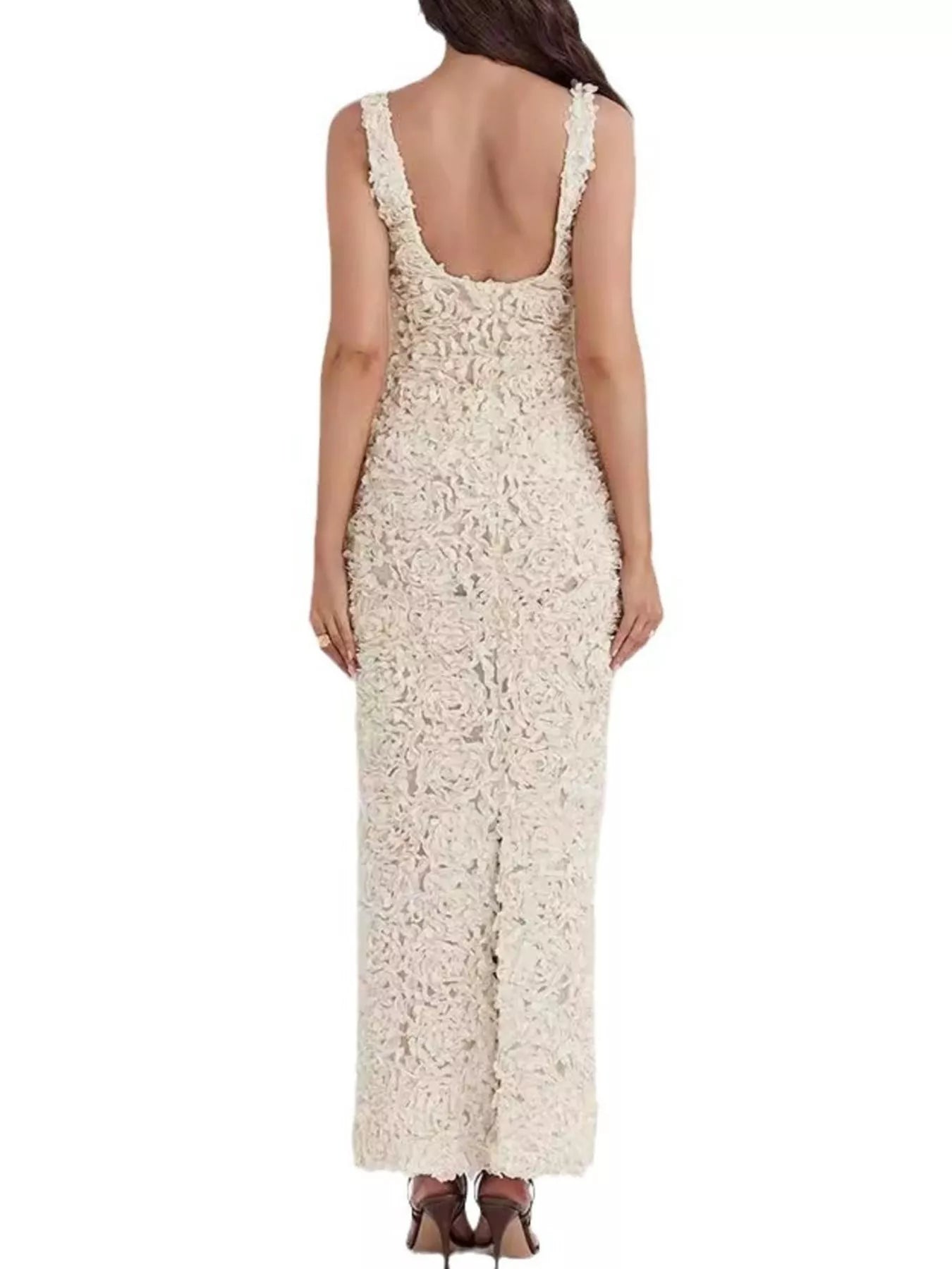 Floral Applique Deep V-Neck Maxi Dress - Girly Tea