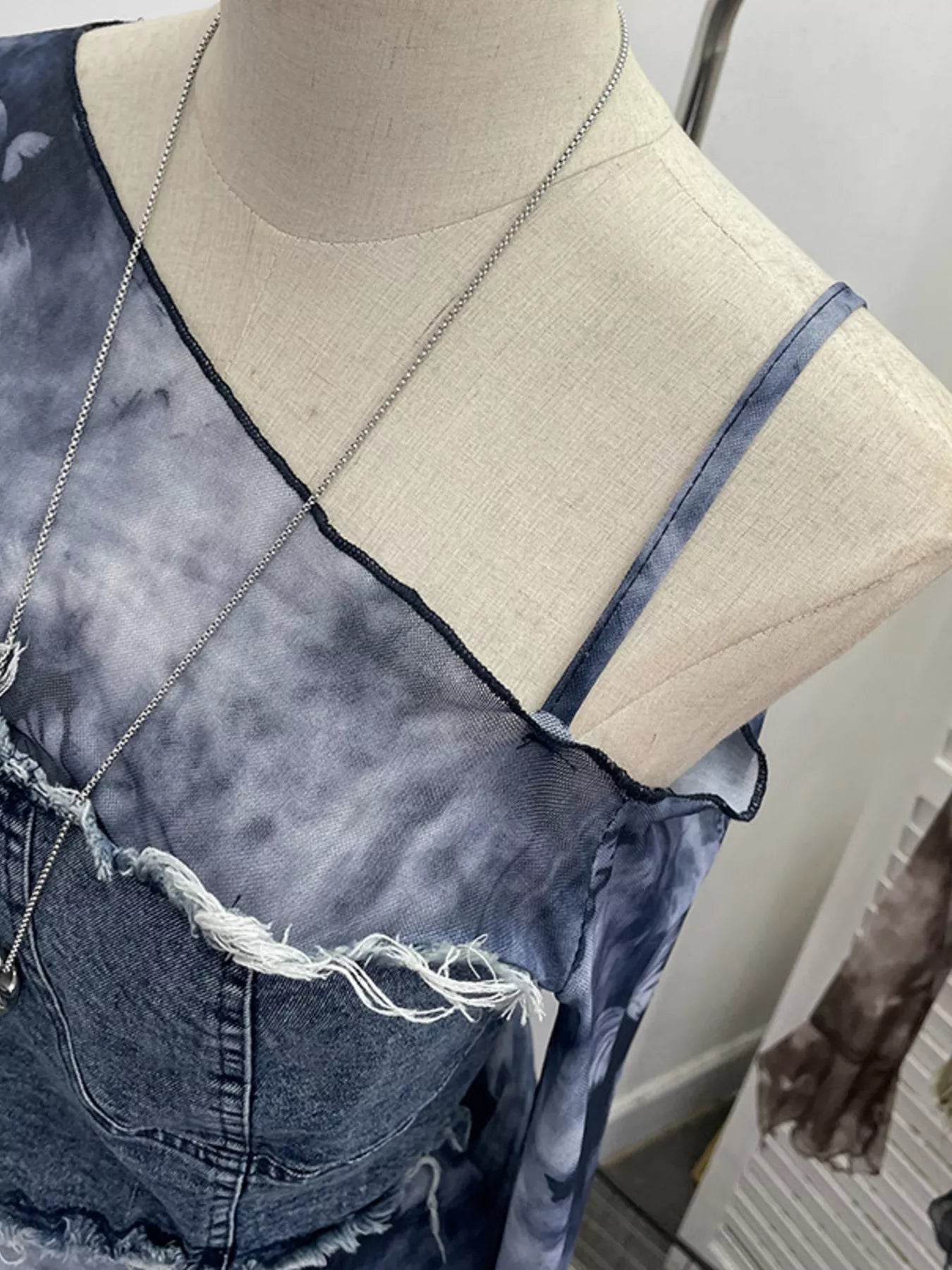 Asymmetrical Neck Denim Patchwork Top - Girly Tea