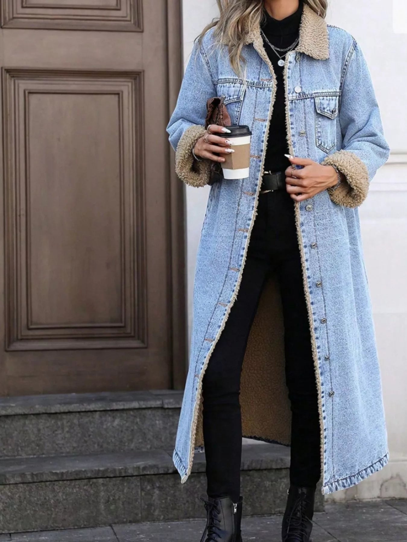 Sherpa Lined Longline Denim Jacket - Girly Tea