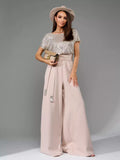 Full Size Sequin Short Sleeve Wide Leg Jumpsuit Plus Size - Girly Tea