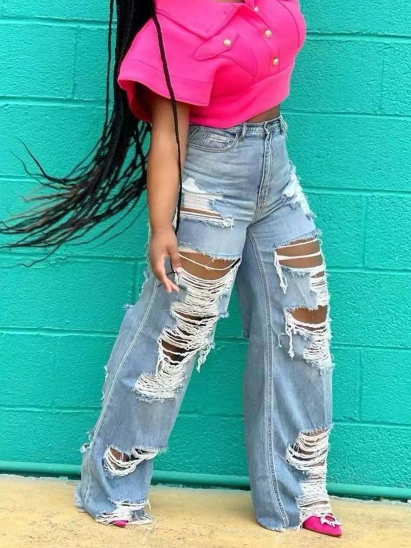 Full Size Distressed Wide Leg Jeans Plus Size - Girly Tea