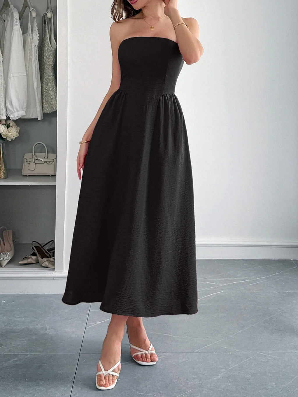 Strapless A-Line Midi Dress with Pockets - Girly Tea