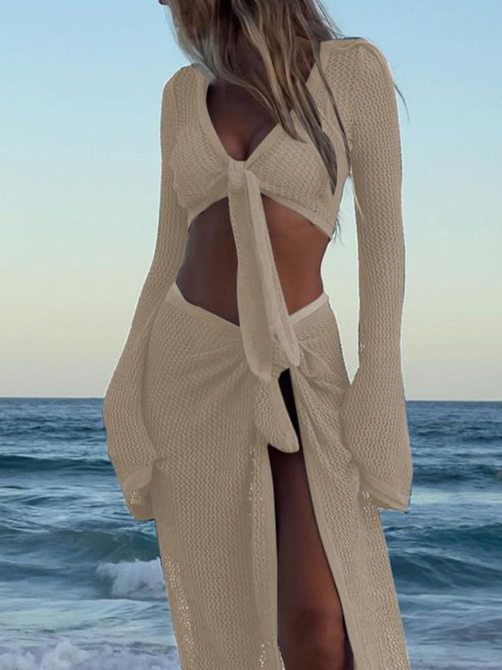 Crochet Knit Long Sleeve Crop Top and Slit Skirt Sweater Set - Girly Tea
