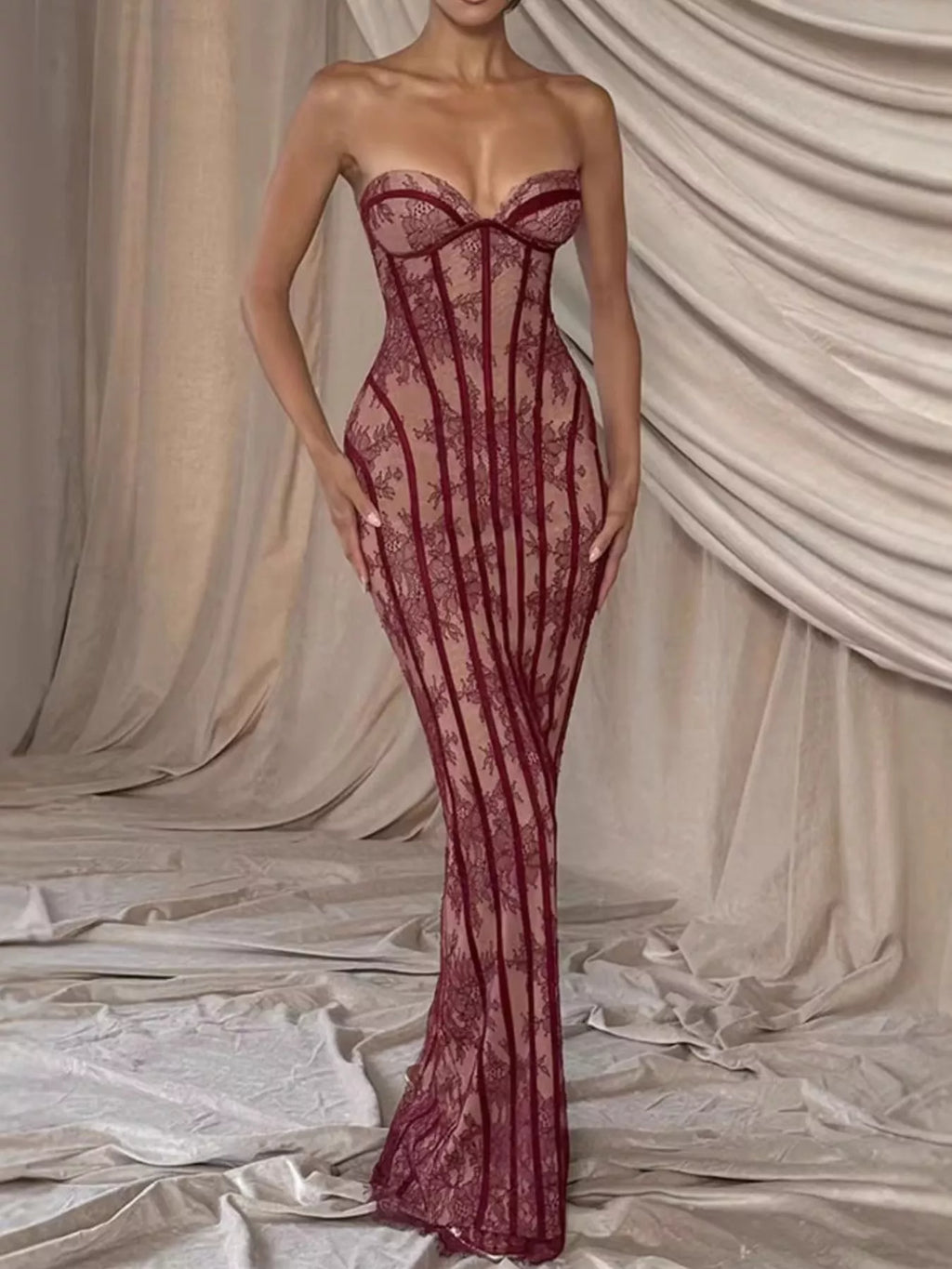 Lace Up Back Strapless Maxi Dress - Girly Tea