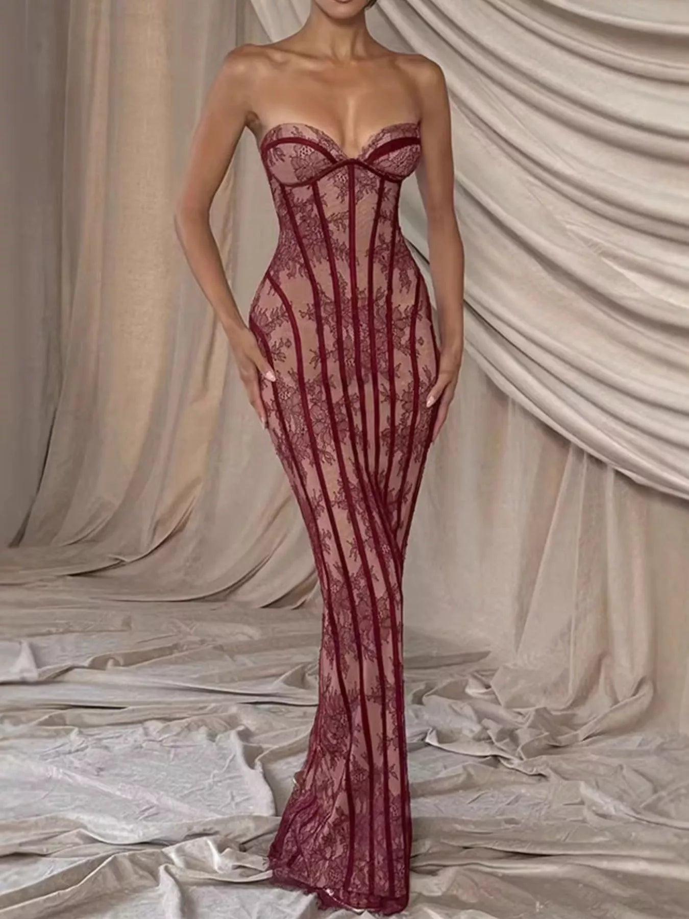 Lace Up Back Strapless Maxi Dress - Girly Tea