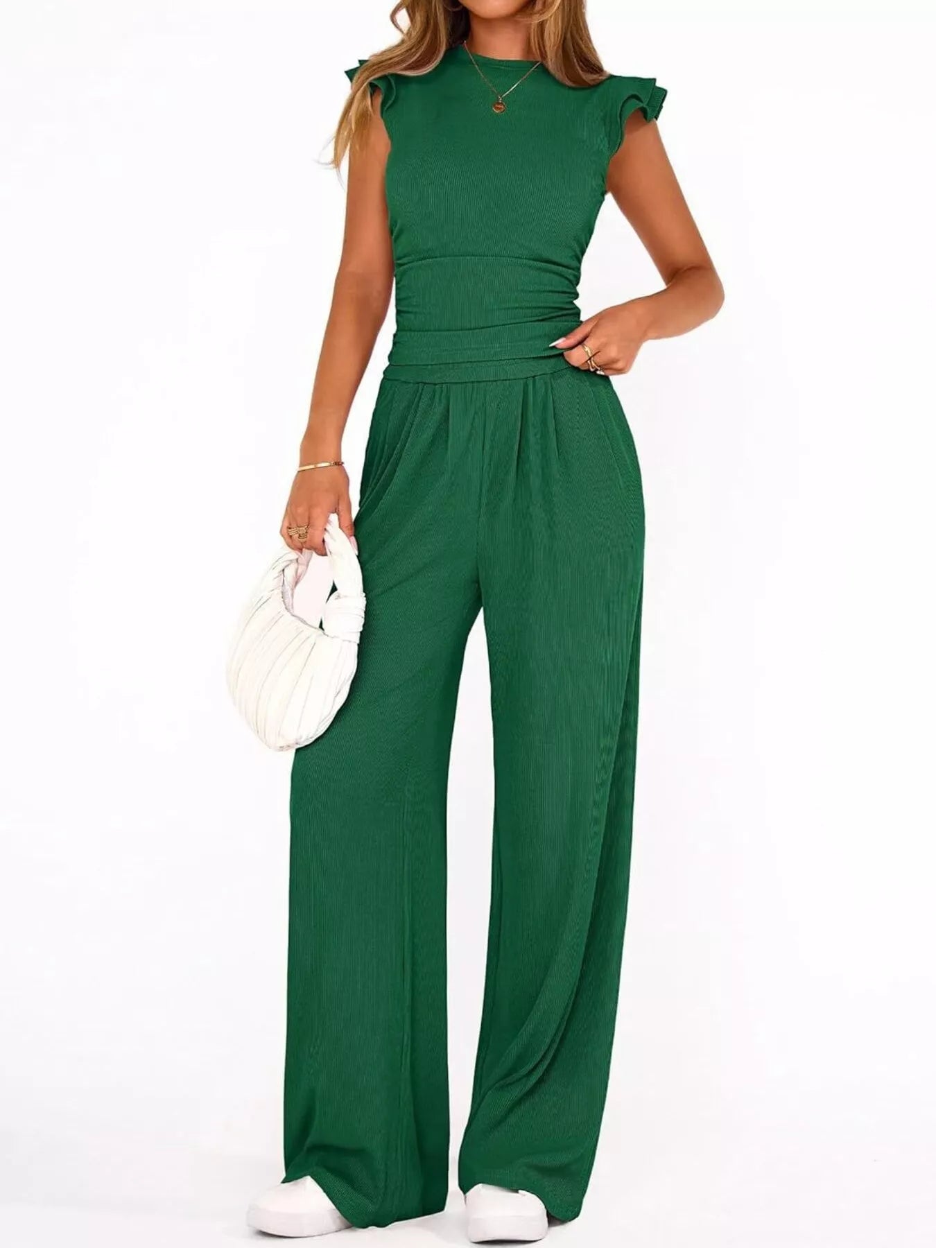 Ruffled Mock Neck Top and Wide Leg Pants Set - Girly Tea