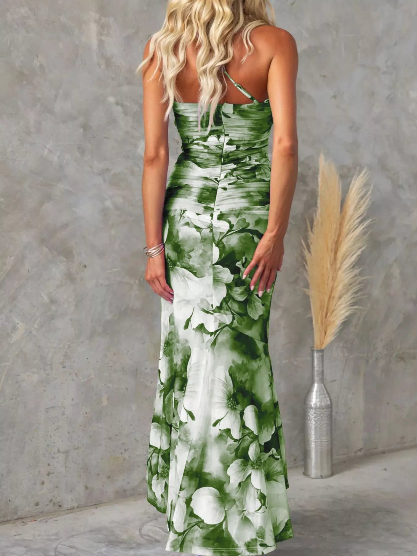 Floral Print One-Shoulder Ruched Maxi Dress - Girly Tea