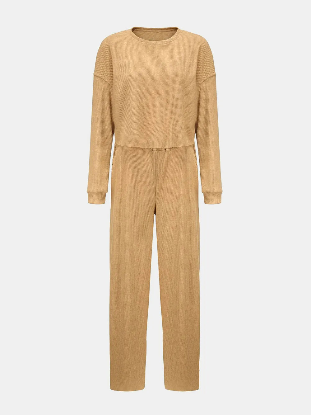 Waffle-Knit Round Neck Top and Pants Set - Girly Tea