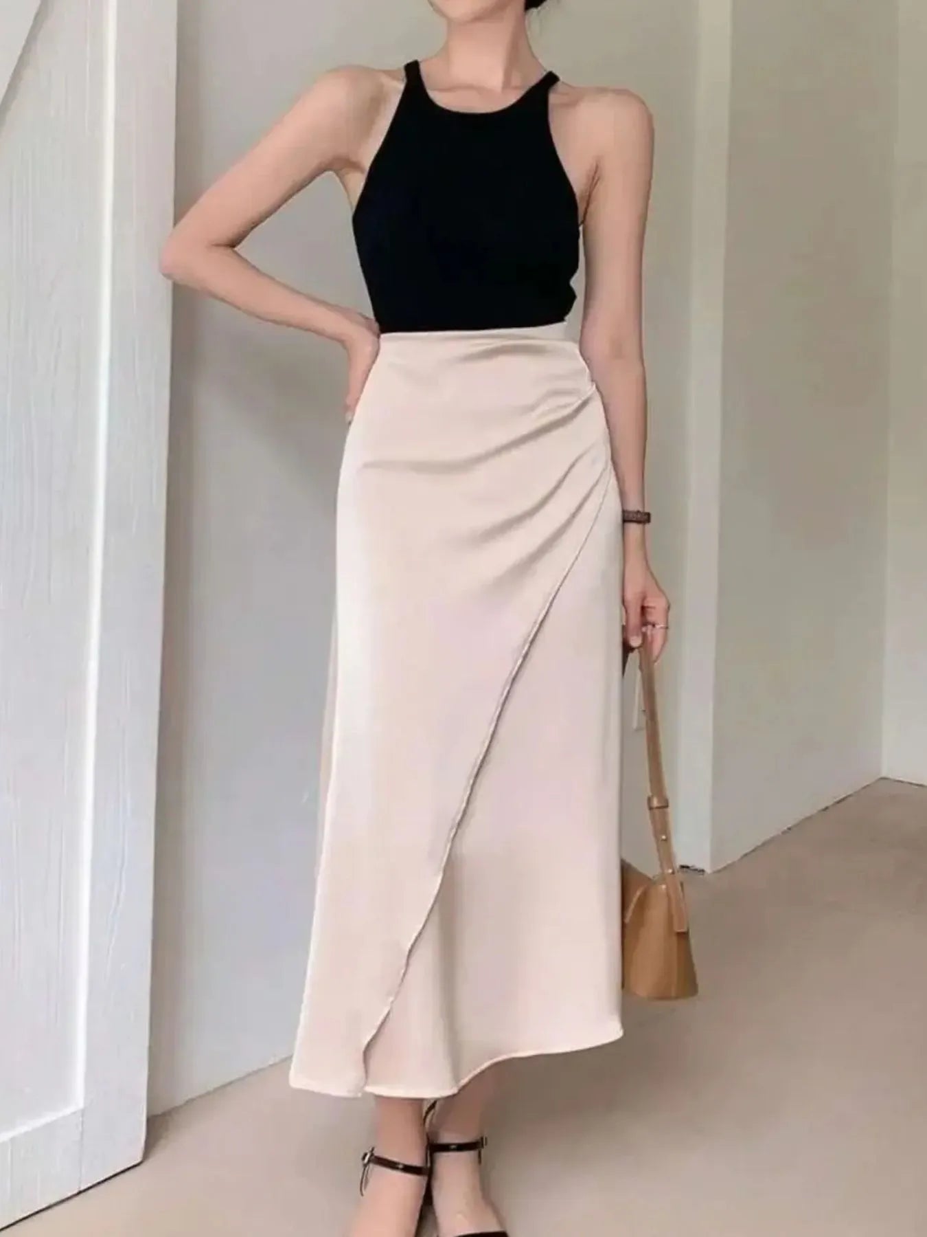 Asymmetric Wrap Midi Skirt with Fluted Hem - Girly Tea