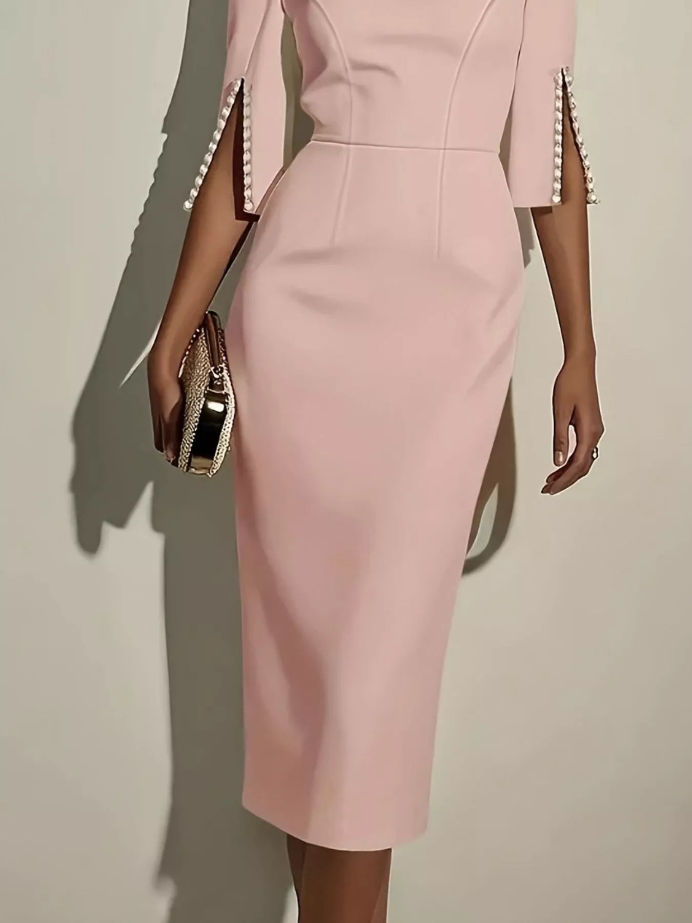 Slim-Fit Elegant Midi Dress with Beaded Slit Sleeve - Girly Tea