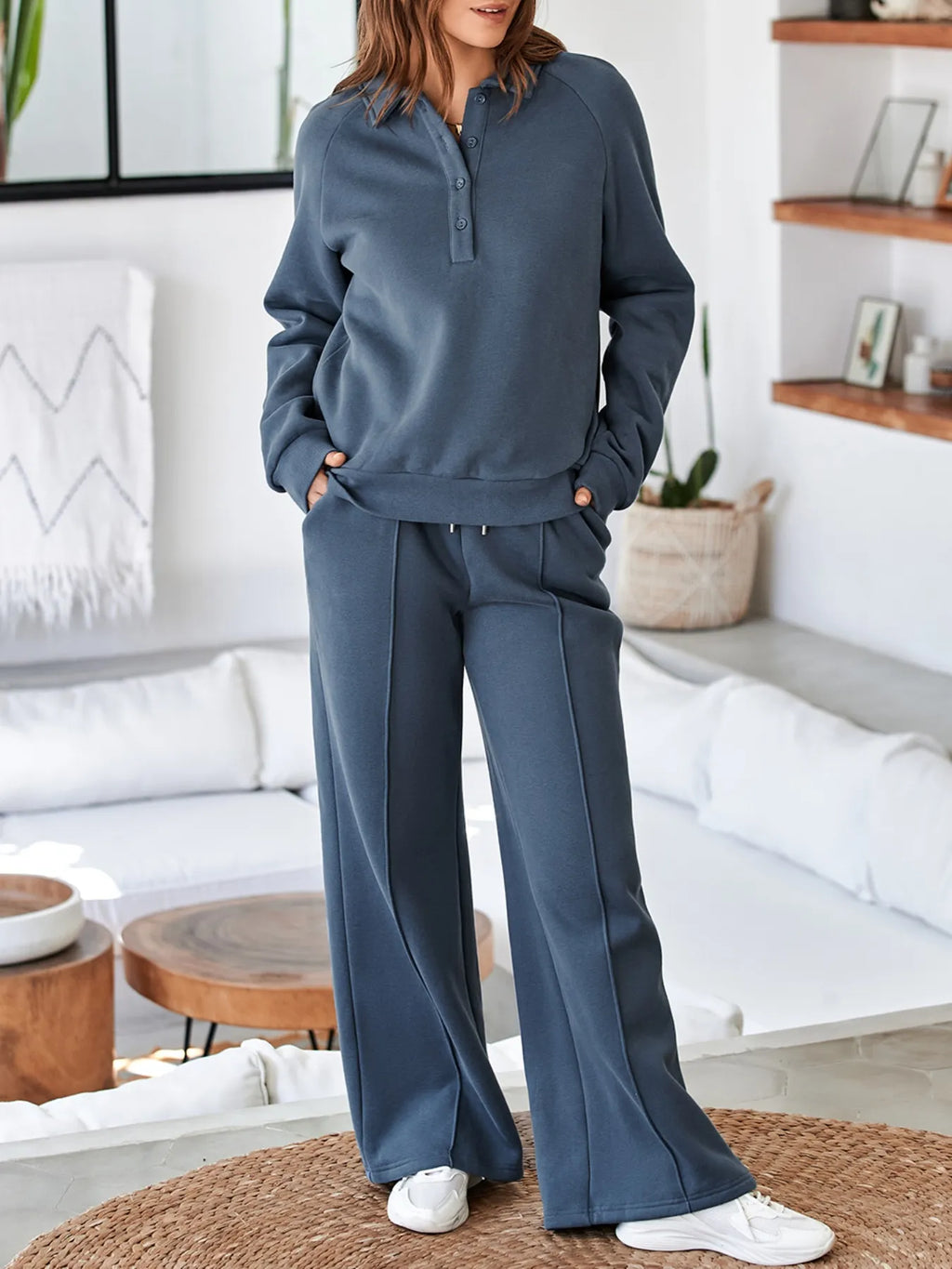Collared Sweatshirt and High Waist Pants Active Set - Girly Tea