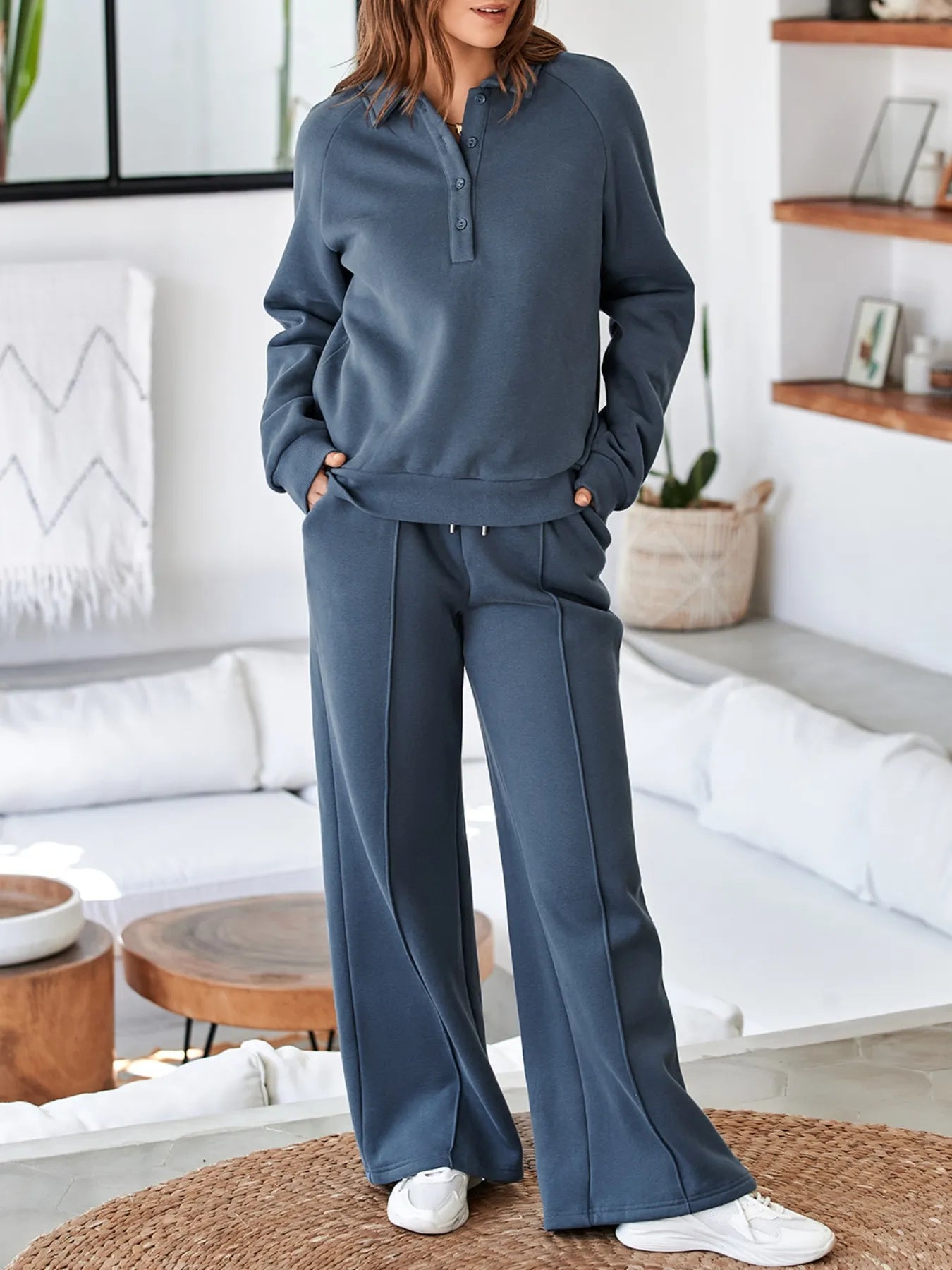 Collared Sweatshirt and High Waist Pants Active Set - Girly Tea