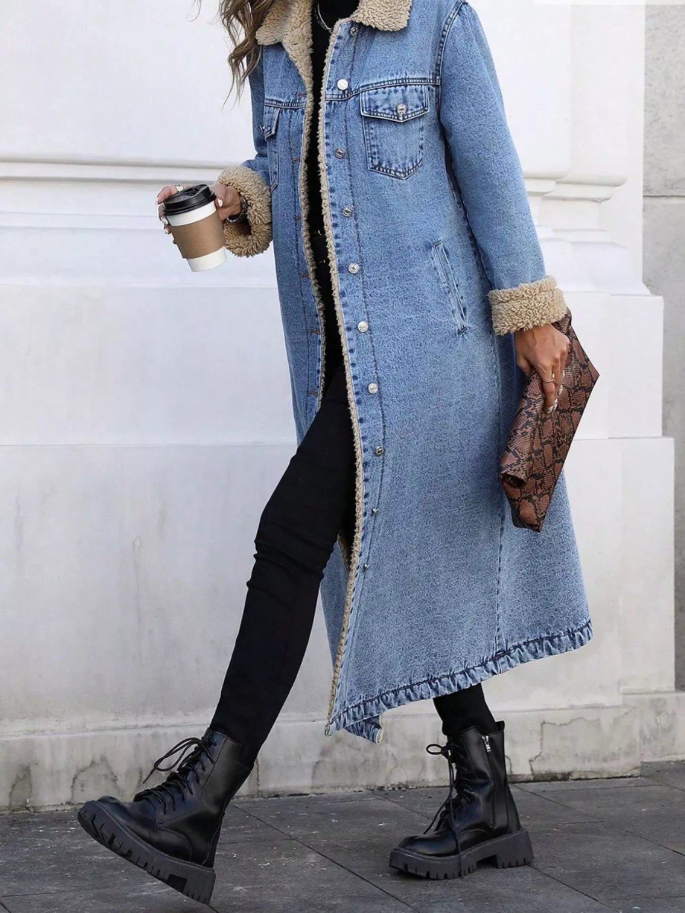 Sherpa Lined Longline Denim Jacket - Girly Tea