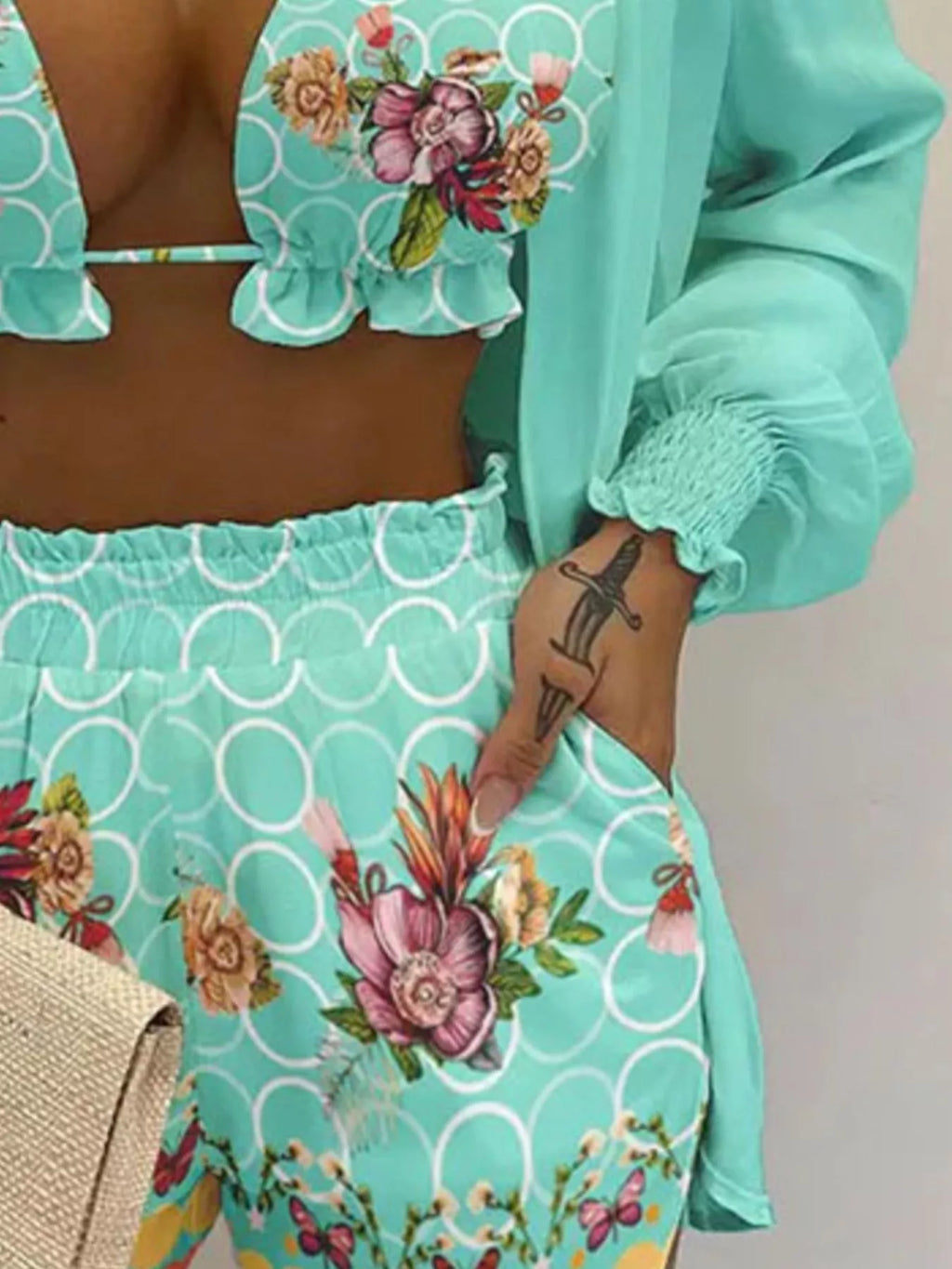 Full Size Halter Neck Cami & Shirt & Shorts 3-Piece Outfit Set Plus Size - Girly Tea