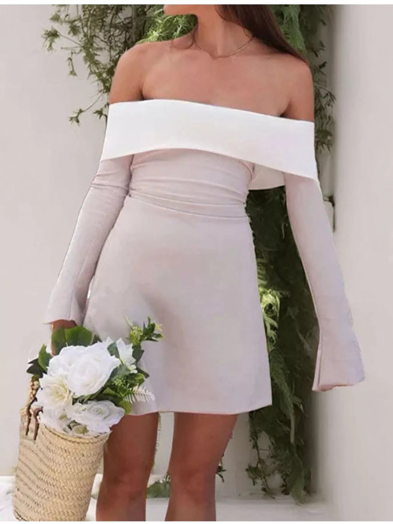 Off-Shoulder Flare Sleeve Mini Dress - Girly Tea