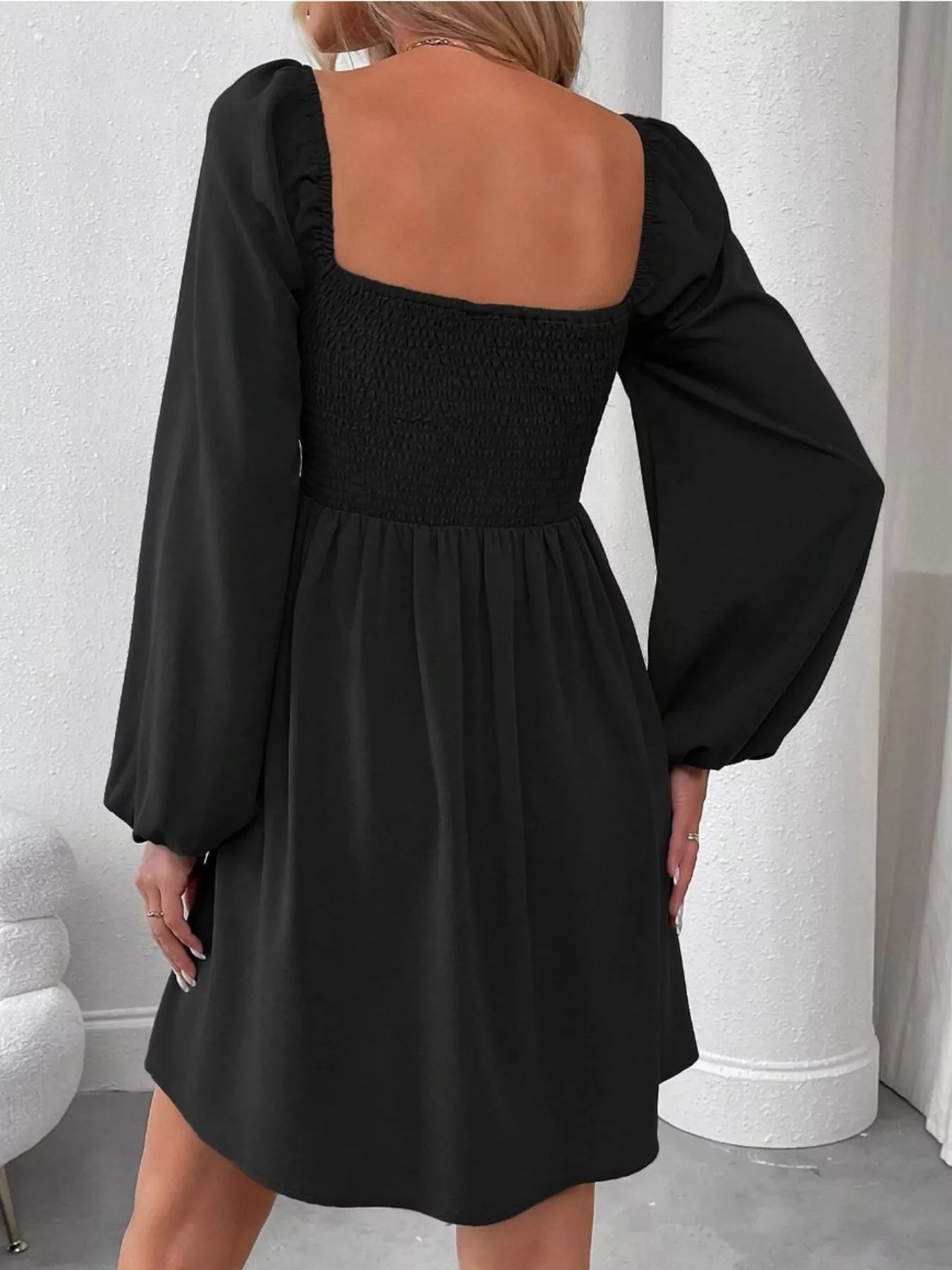 Ruched Square Neck Long Sleeve A-Line Dress - Girly Tea