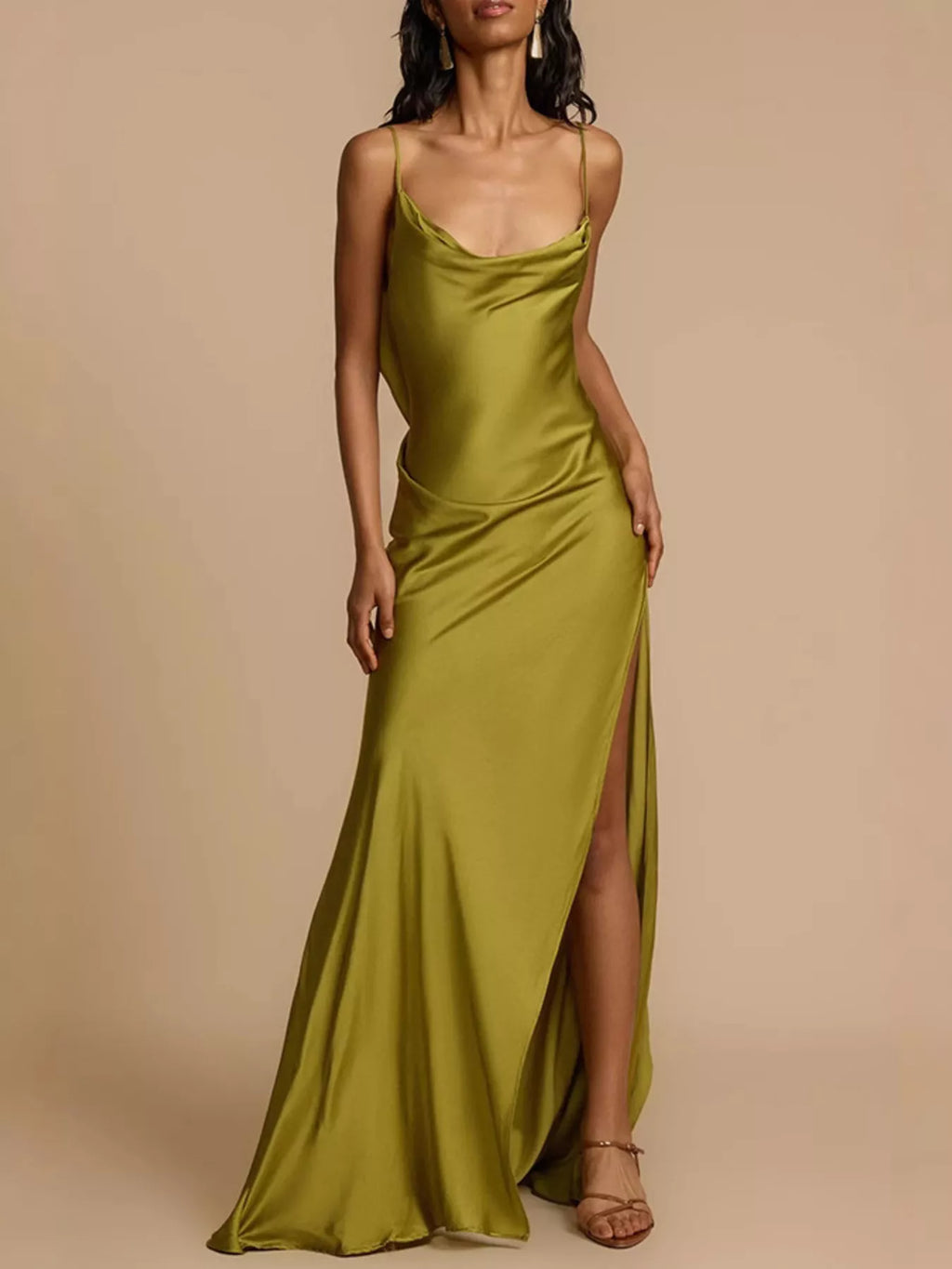 Satin Cowl Neck Slit Maxi Dress - Girly Tea