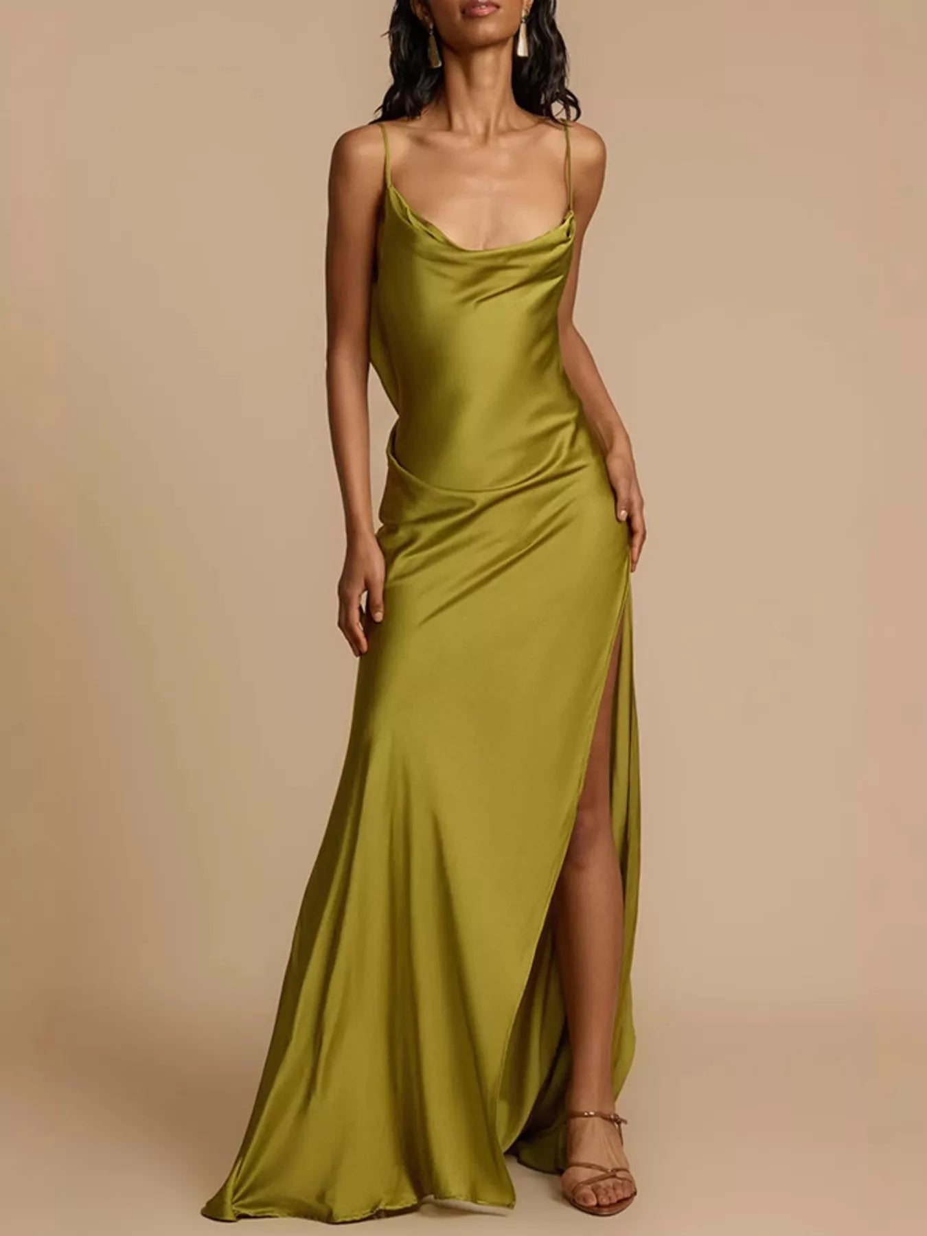 Satin Cowl Neck Slit Maxi Dress - Girly Tea
