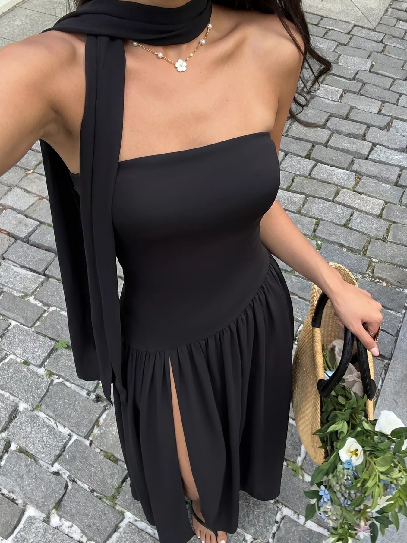 Slit Tube Maxi Dress with Scarf - Girly Tea