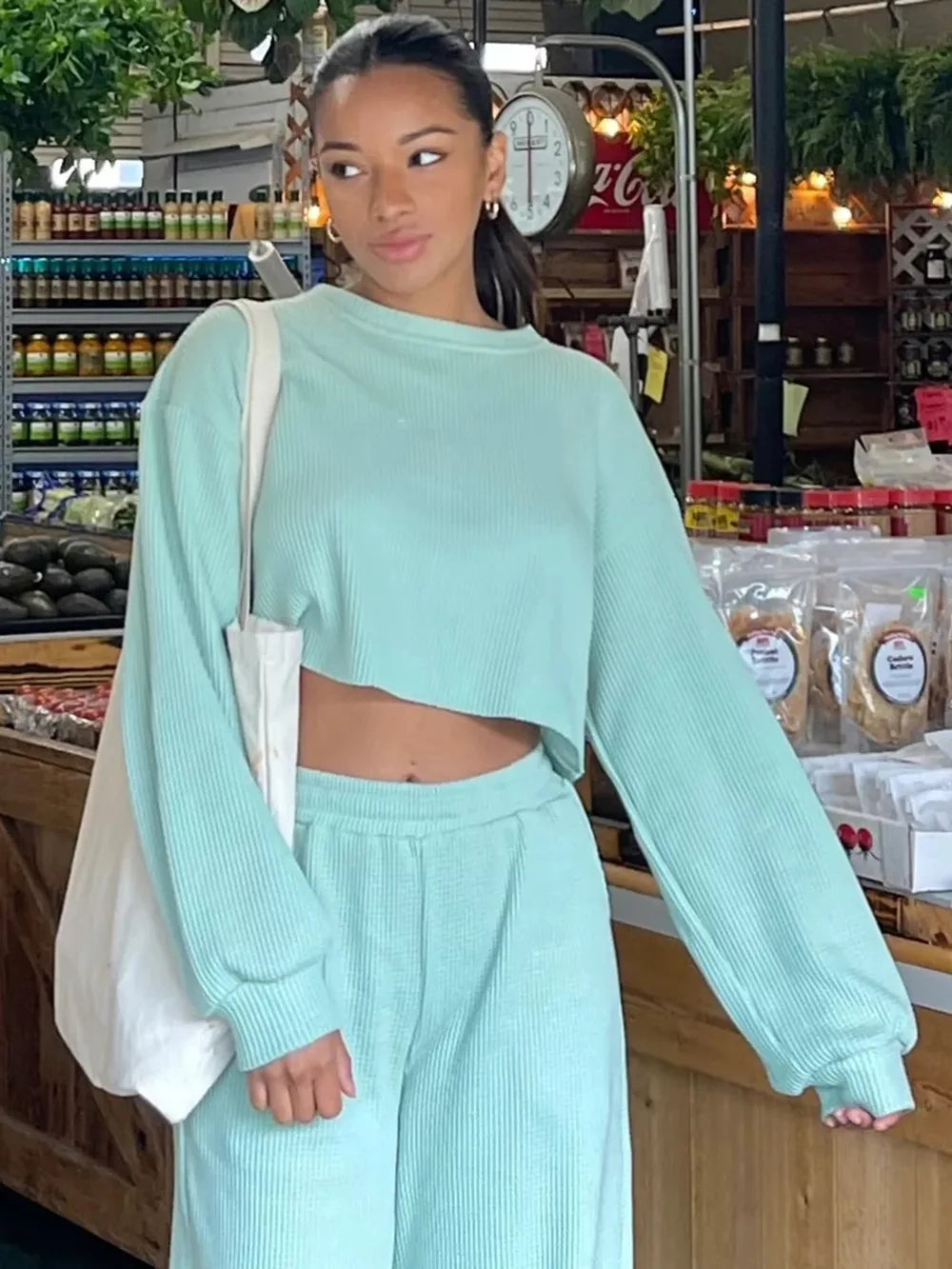 Waffle-Knit Round Neck Top and Pants Set - Girly Tea