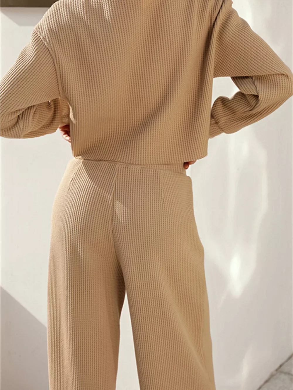 Waffle-Knit Round Neck Top and Pants Set - Girly Tea