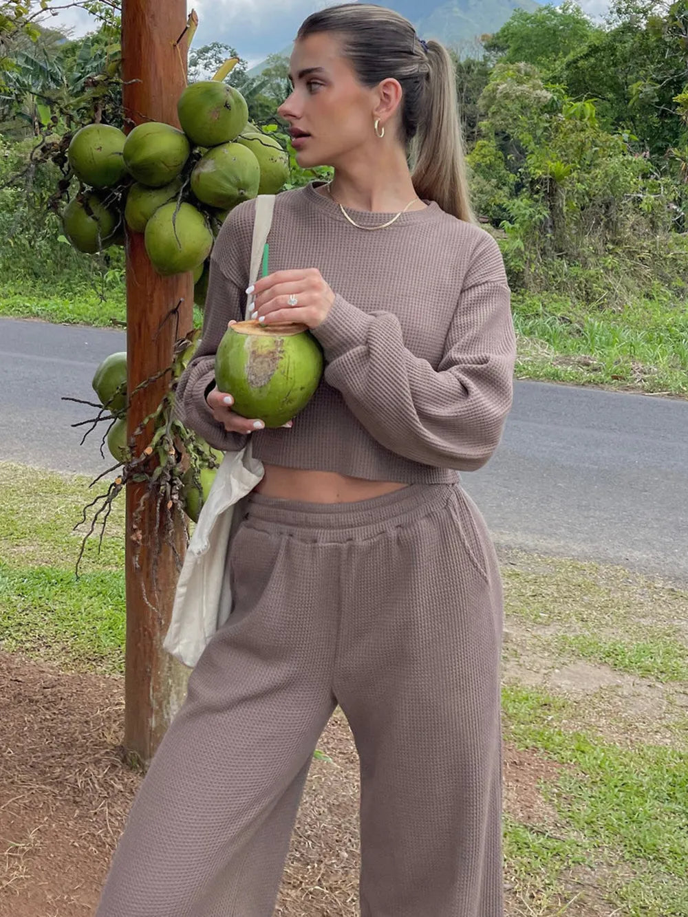 Waffle-Knit Round Neck Top and Pants Set - Girly Tea