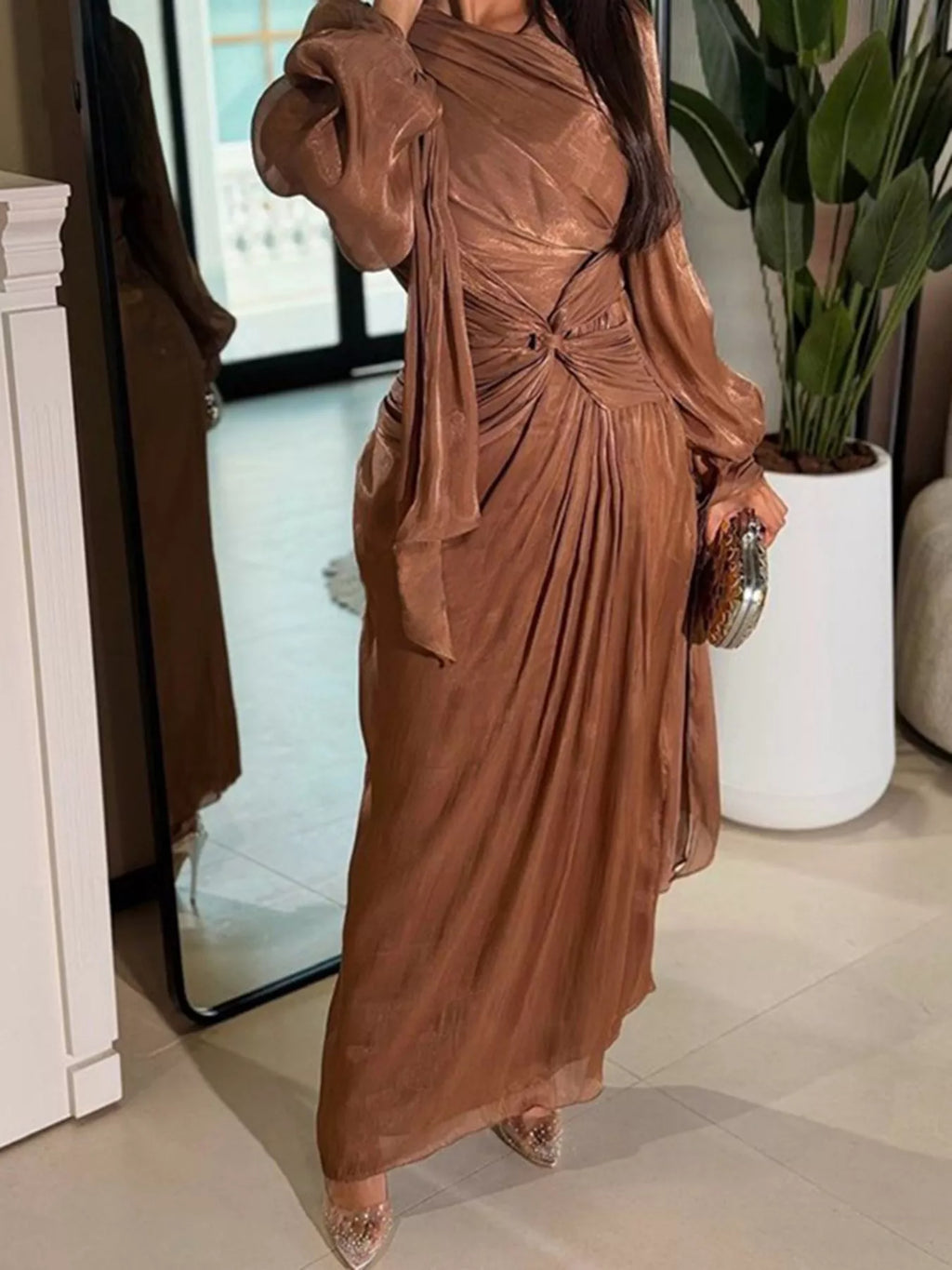 Front Twisted Draped Long Sleeve Maxi Dress - Girly Tea