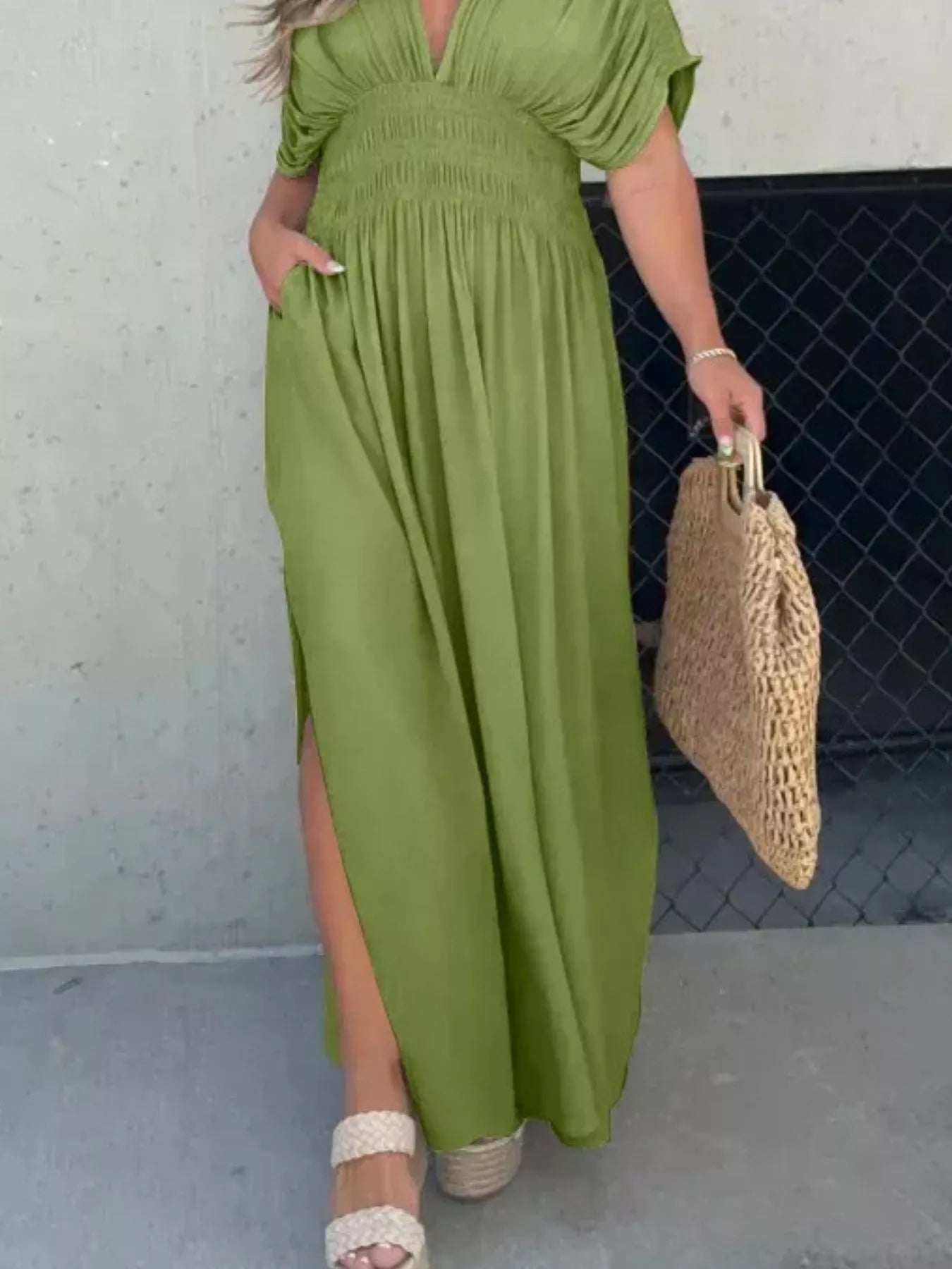 Full Size Slit V-Neck Smocked Waist Maxi Dress Plus Size - Girly Tea