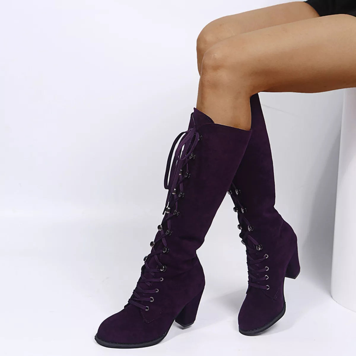 Lace Up Block Heels Boots - Girly Tea