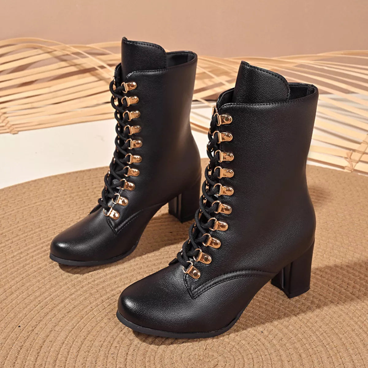 Lace-Up Boots with Block Heel - Girly Tea