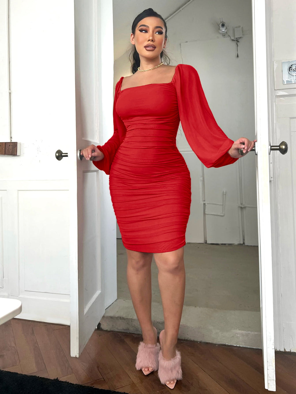 Zip-Back Ruched Bodycon Dress - Girly Tea