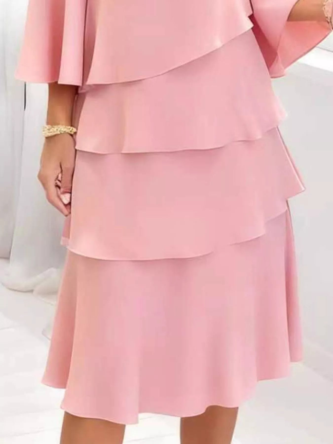 Full Size Ruffled Layered 3/4 Sleeve Dress Plus Size - Girly Tea