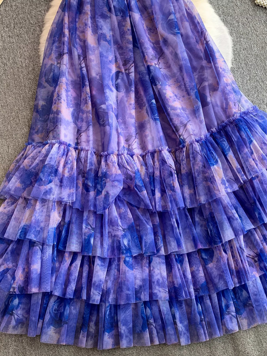 Floral Print Ruffled Layered Mesh Dress - Girly Tea