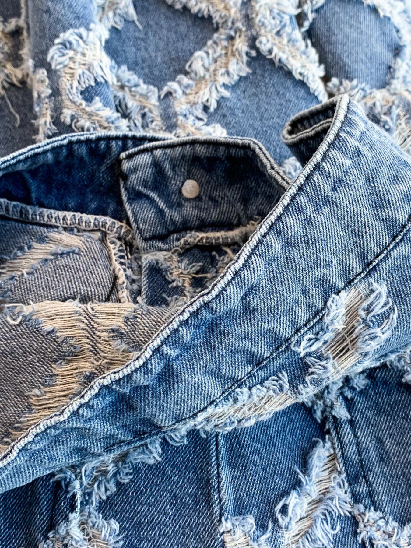 Distressed Diamond Pattern Jacket and Shorts Denim Set - Girly Tea