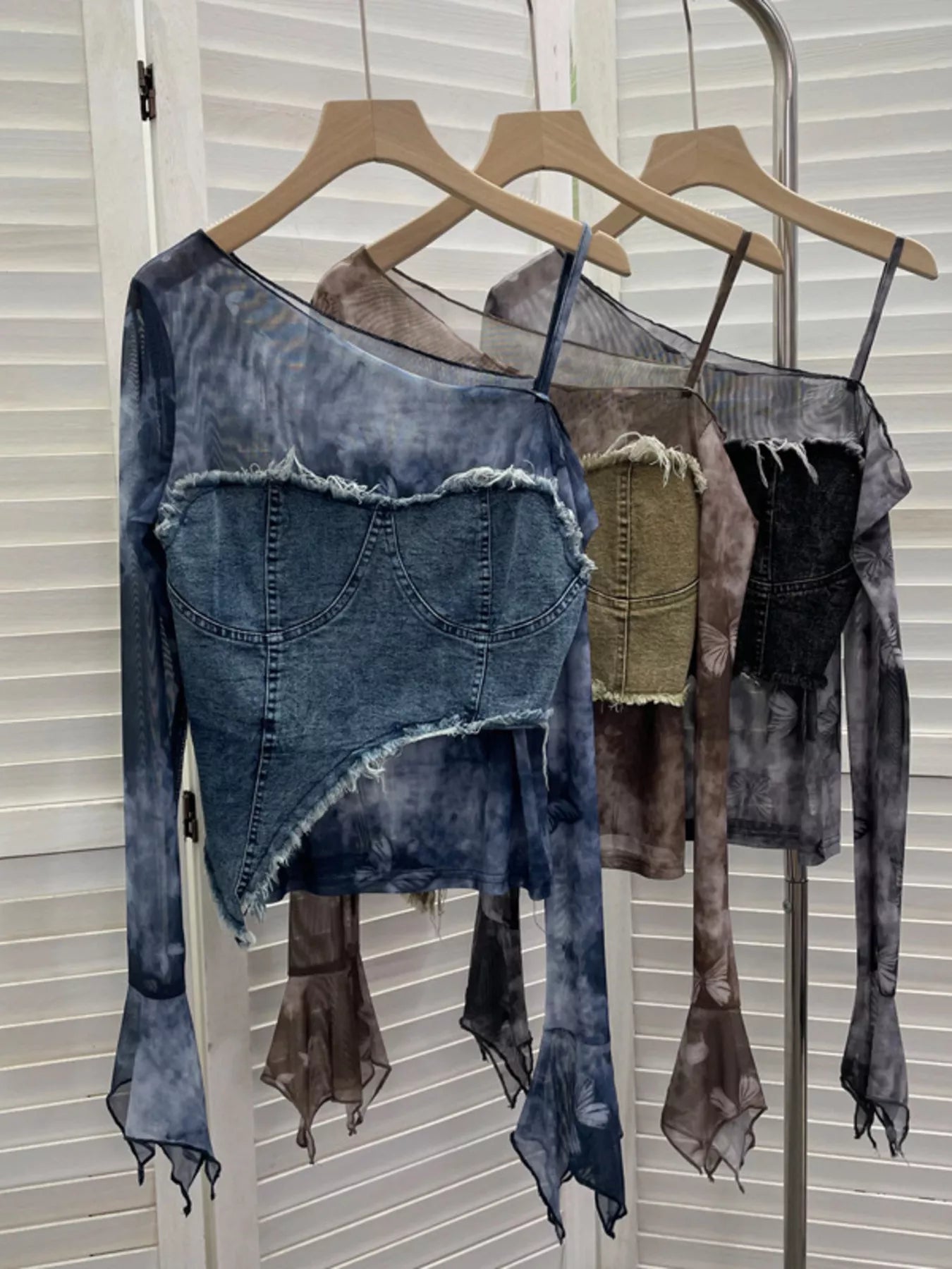 Asymmetrical Neck Denim Patchwork Top - Girly Tea