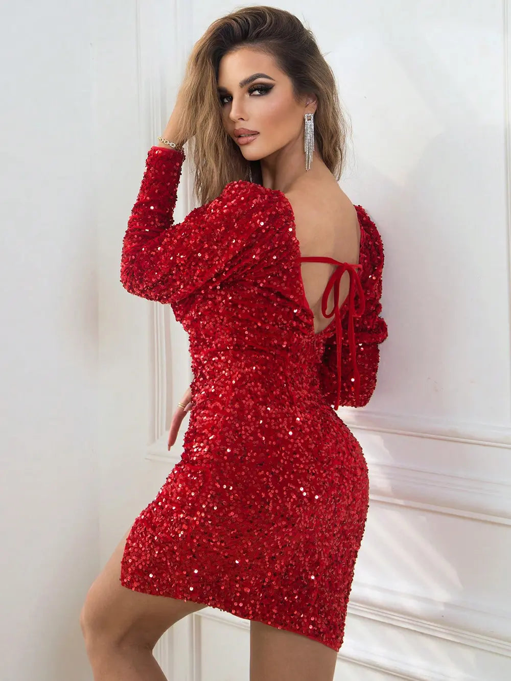 Sequin Sweetheart Neck Tie Back Long Sleeve Slit Dress - Girly Tea