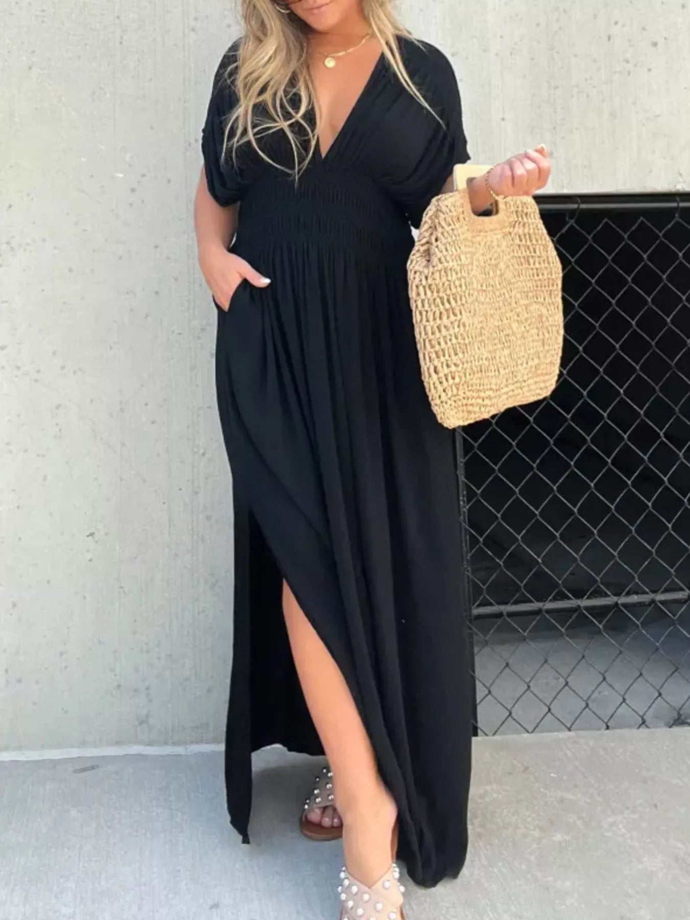 Full Size Slit V-Neck Smocked Waist Maxi Dress Plus Size - Girly Tea