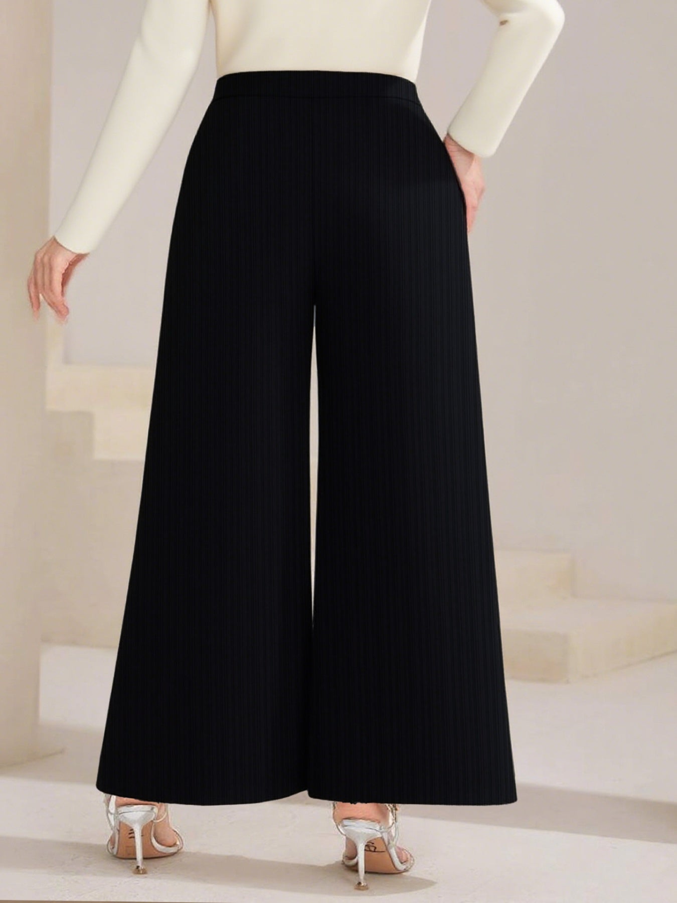 Plus Size High Waist Wide Leg Button Decor Pants - Girly Tea
