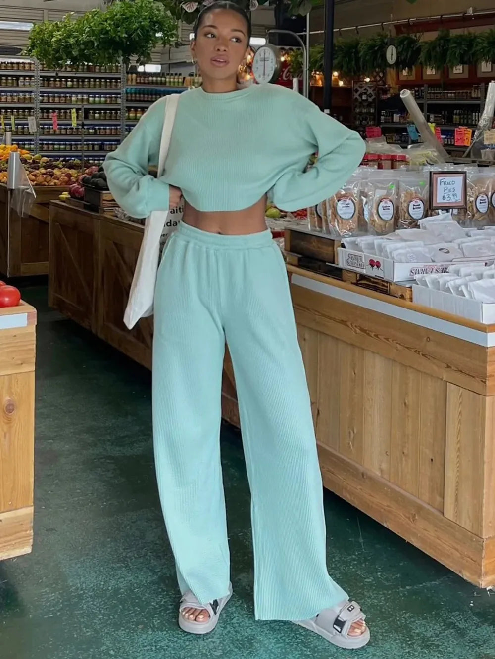 Waffle-Knit Round Neck Top and Pants Set - Girly Tea