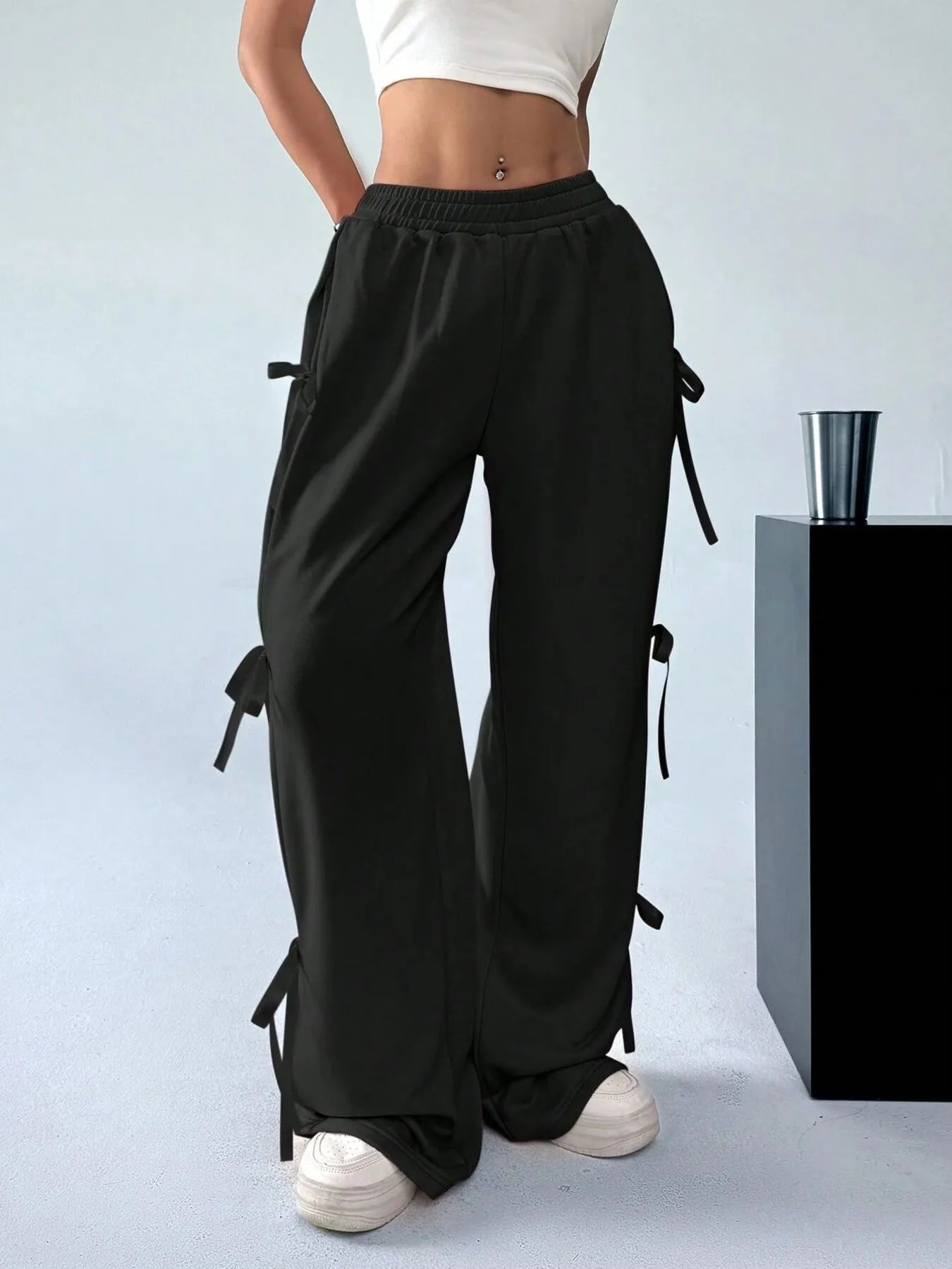 Cargo Wide Leg Pants with Side Tie Details - Girly Tea