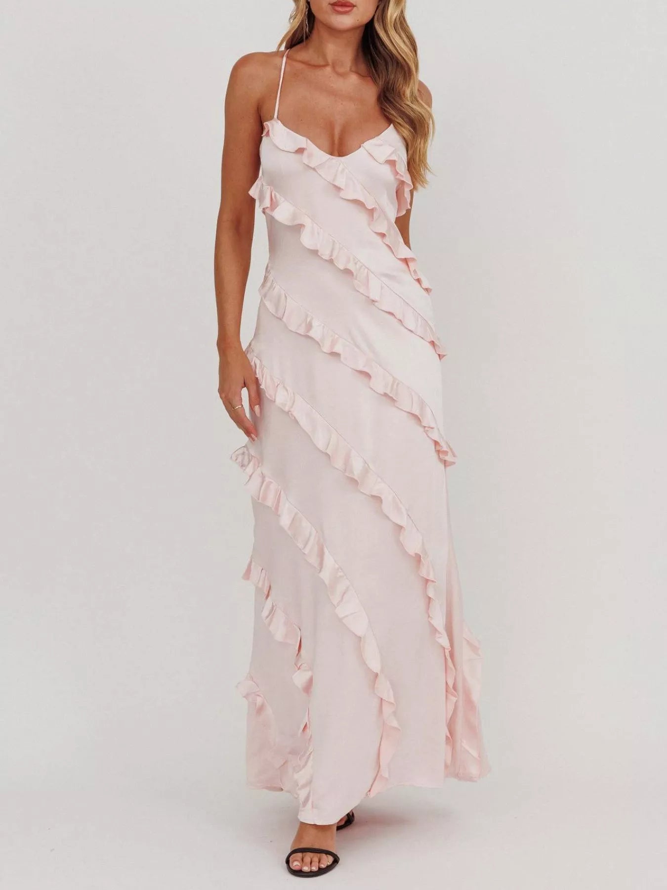 Ruffled Spaghetti Strap Maxi Dress - Girly Tea