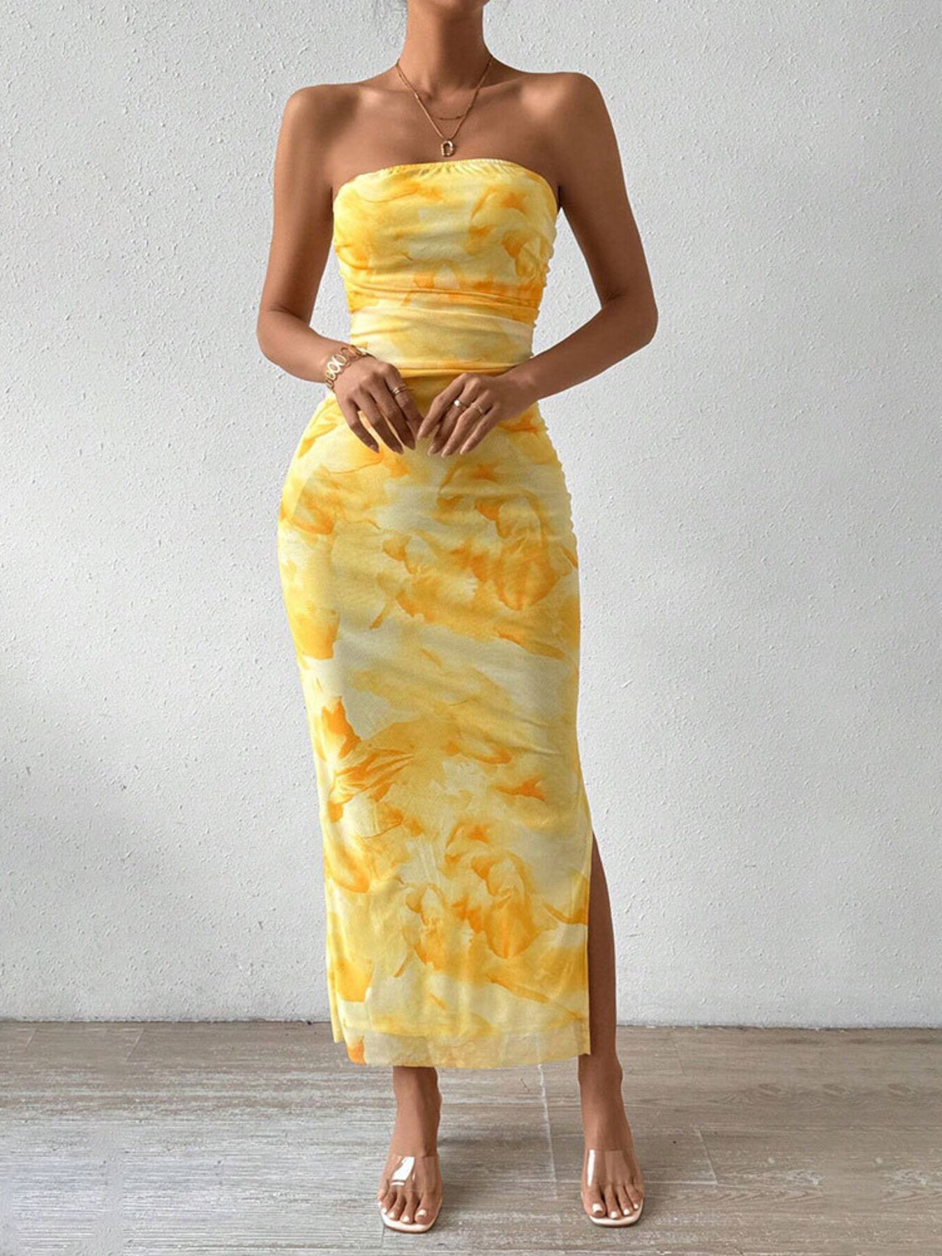 Ruched Strapless Bodycon Midi Dress - Girly Tea