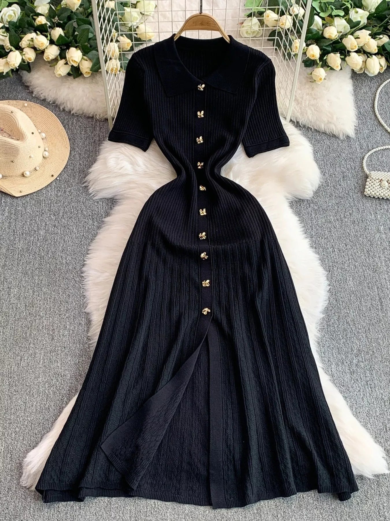Button Front Ribbed Knit Midi Dress - Girly Tea