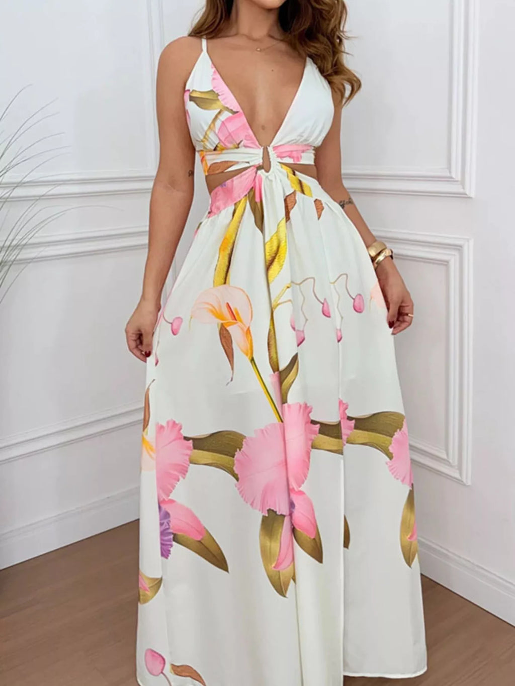 Tropical Print Plunge Cutout Slit Maxi Dress - Girly Tea