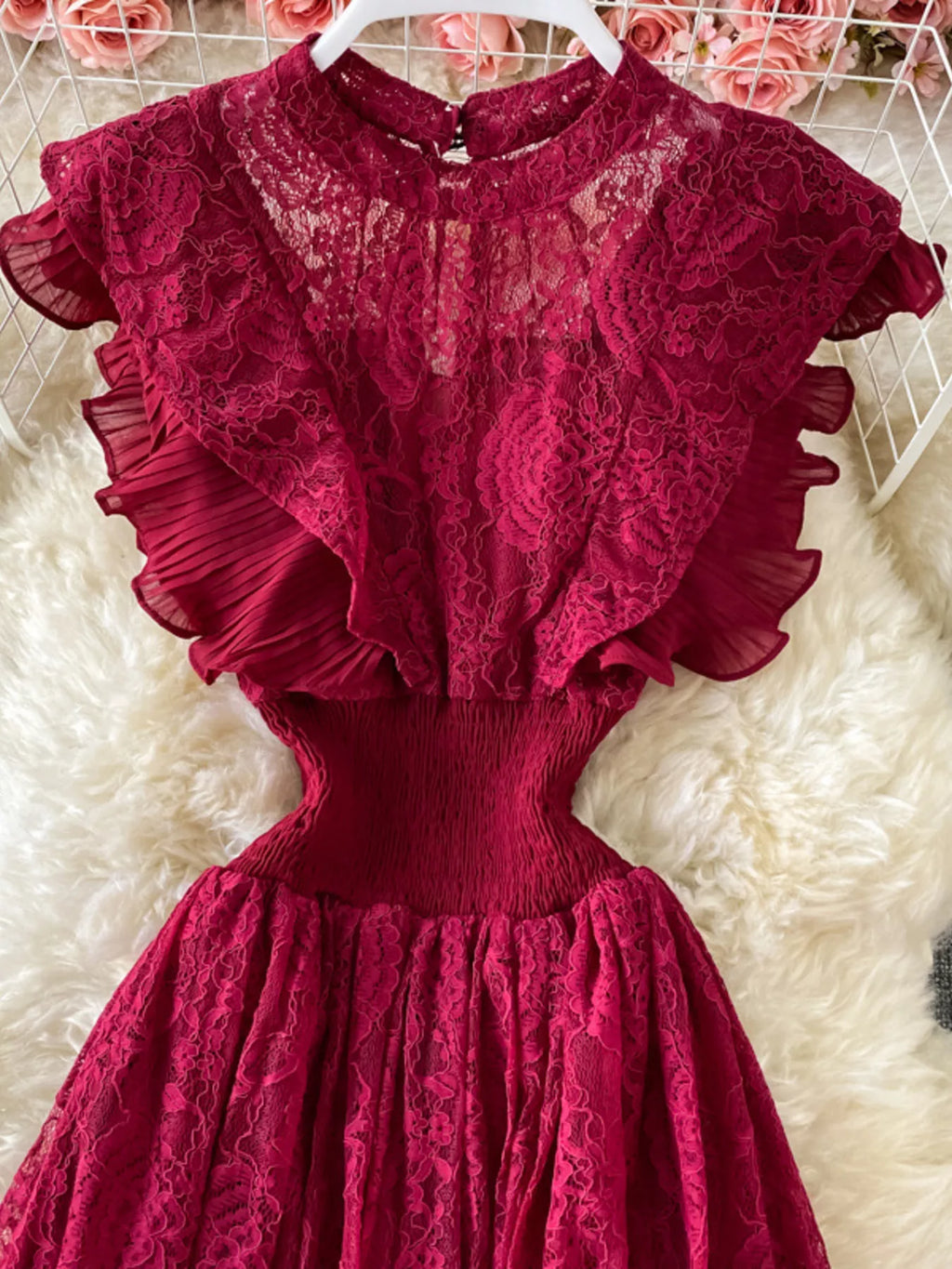 Ruffled Mock Neck Lace Maxi Dress - Girly Tea